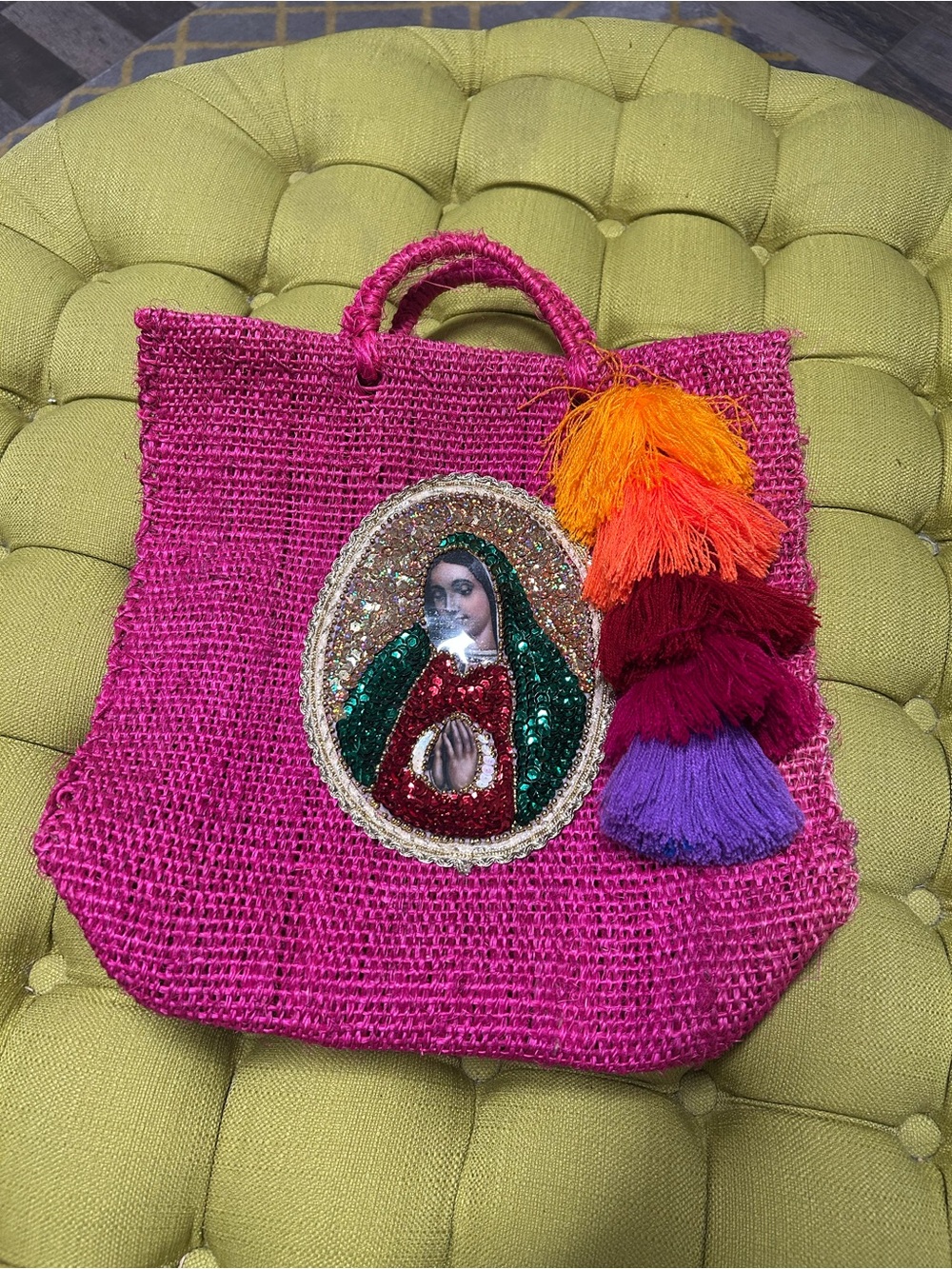 Mexican artisanal Ixtel woven Hot Pink Virgin Mary Tote has some fading